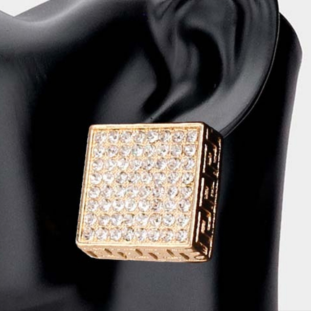Gold Greek Key Patterned Rhinestone Crystal Square Stud Earrings - Picture 2 of 3